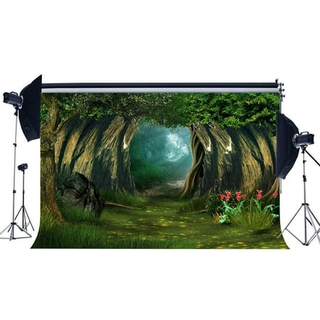 Image of ABPHOTO Polyester 7x5ft Fairytale Backdrop Dreamy Jungle Forest Backdrops Trees Fresh Flowers Green Grass Meadow Bokeh Elf Fantasy Photography Background for Girls Lover Photo Studio Props