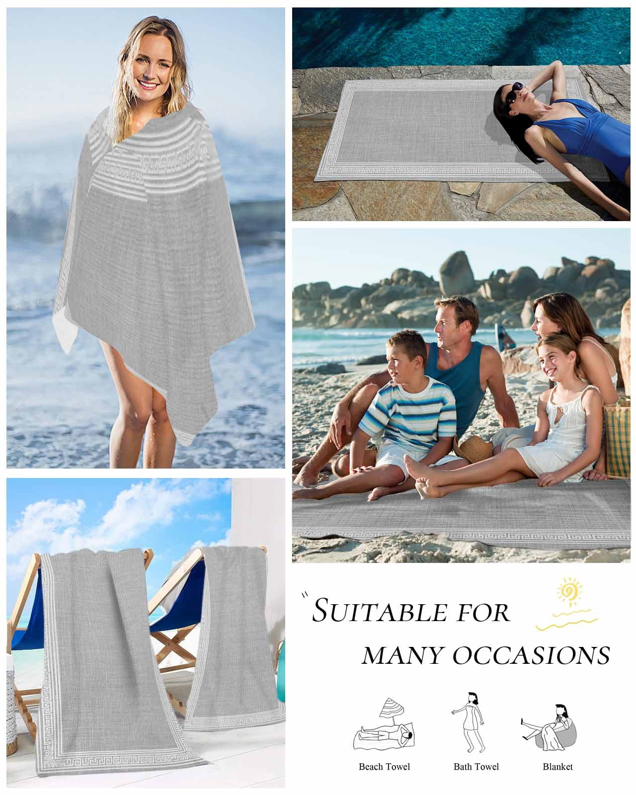 Grey Retro Greek Key Beach Towels Oversized Super Absorbent, Geometric Greece Ancient Rustic Lightweight Bath Towel Quick Dry Sets For Bathroom/Pool/Rv Camping/Beach Play/Gym Room/Picnic 31"x62"