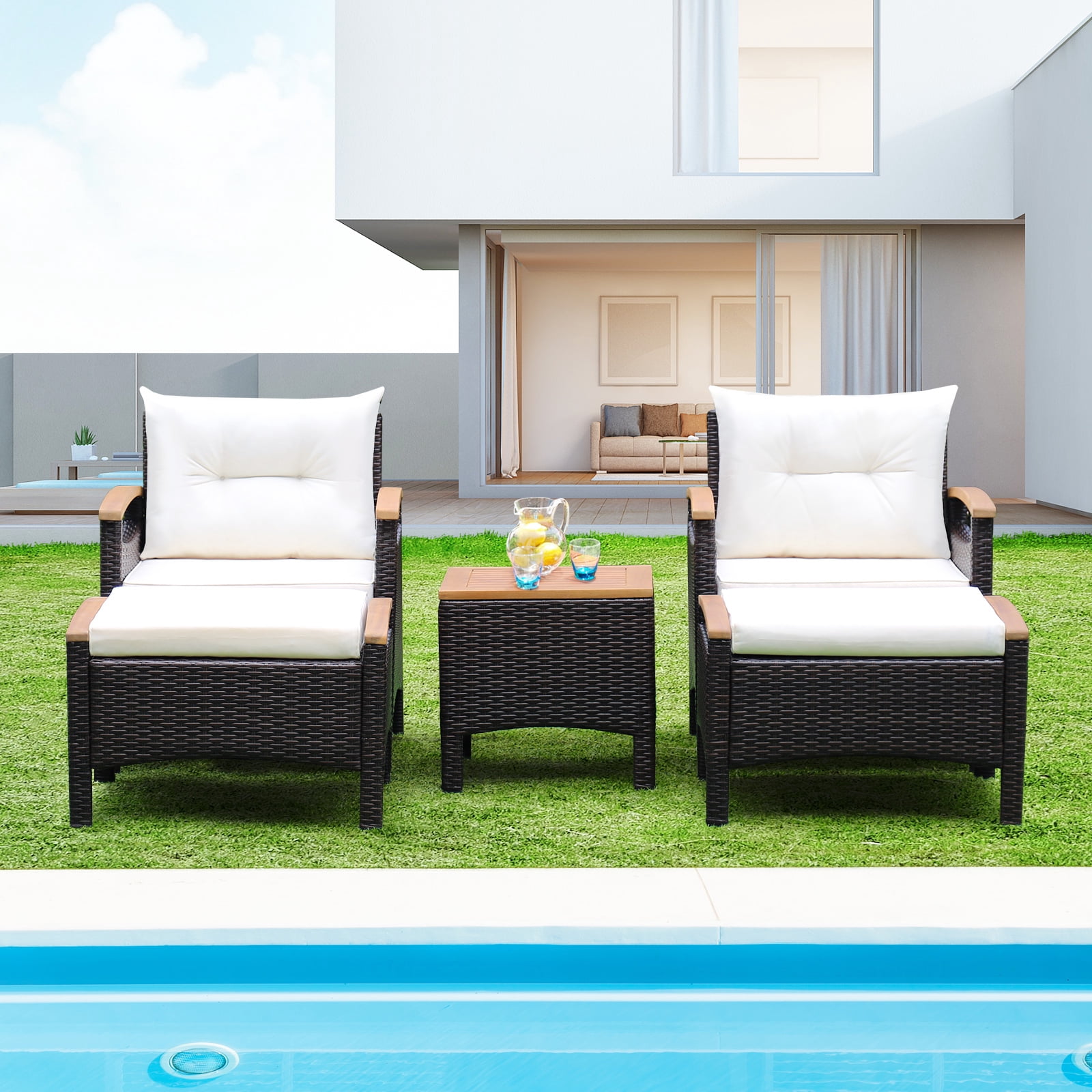 BLACK JAGUAR Outdoor Patio 5PCS Rattan Conversation Furniture Set Acacia Wood Frame Chair with Coffee Table & 2 Ottomans for Backyard&Poolside