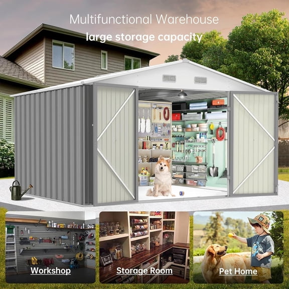 Kojooin 8 x 8 Ft Outdoor Storage Shed with Updated Frame & Lockable Door, Waterproof Garden Tool Shed for Organization & Storage,Grey