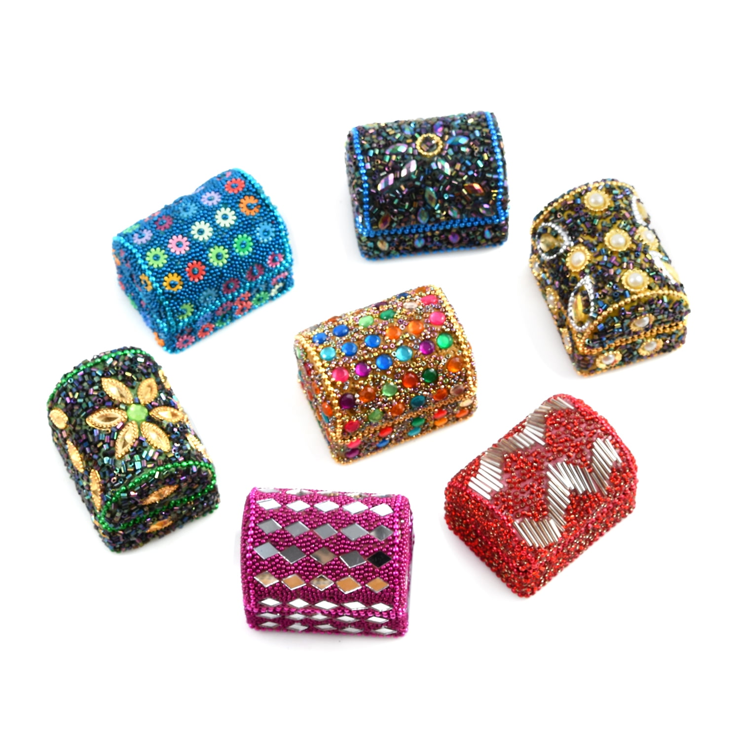Handcrafted Set Of 6 Mini Multi Color Bead Treasure Chest Organizer Box Storage 