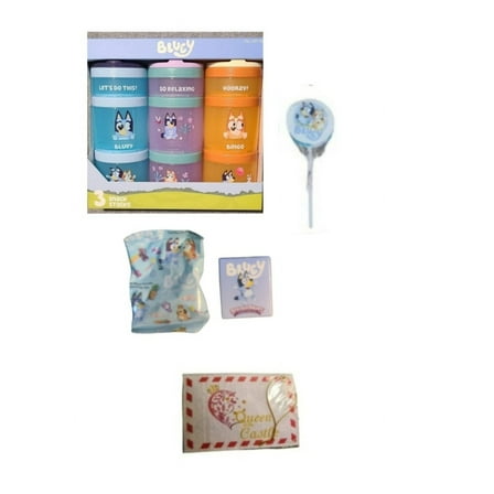 Whiskware Bluey Stack-able Snack Containers 3 Piece with 1 Bluey Lollipop 1 small Sticker Treat Box and 1 Mini Bluey Fruit Snack & Queen of the Castle Gift Tag