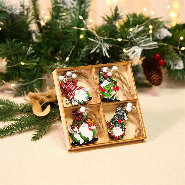 Fiudx Adornos Navideños de Madera, Juego de 12 Colgantes de Anciano Coloridos En Caja de Madera, Decoraciones Duraderas, Ideales para Decorar El Árbol, Ideal Como Regalo Navideño, Juego de 14 X 14 X