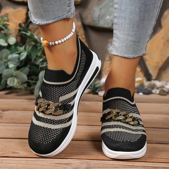 Bkhluea Women Rhinestone Chain Accent Mesh Knit Slip On Casual Shoes Breathable Lightweight Comfortable Footwear For Outdoor Daily Activities