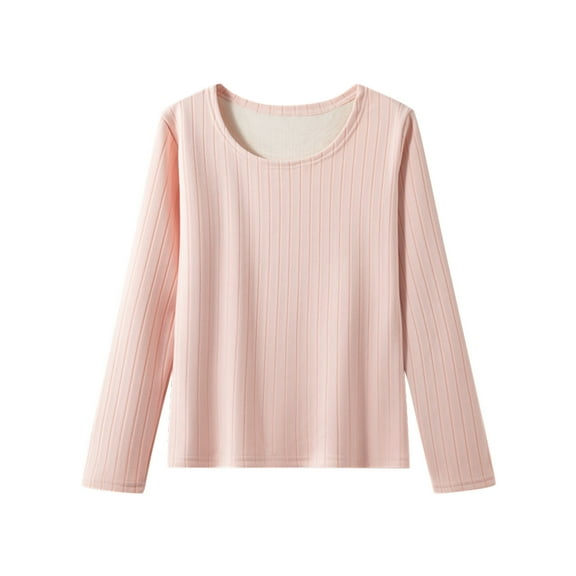 Bovxnpu Women's Pajama Tops Sleep Shirt, Women's Thermal Shirt Solid Color Round Neck Fleece Lined Thickened Ribbed Long Sleeve Top Sleepwear Loungewear