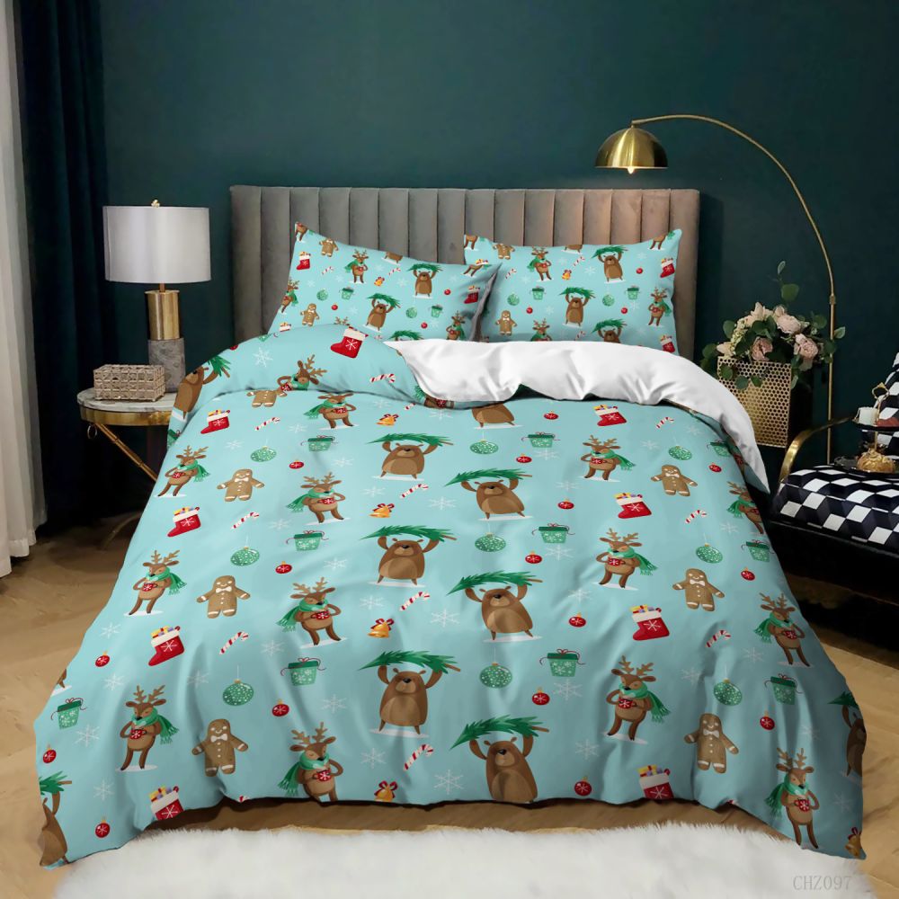 3PCS Christmas Tree Comforter Cover Santa Claus Snowman Print Bed