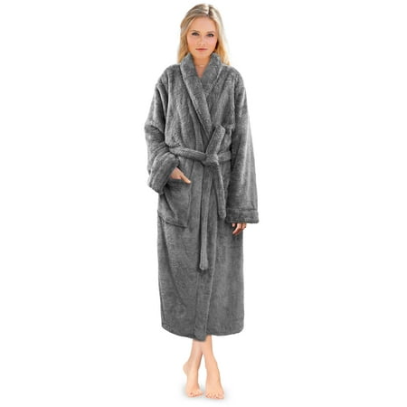 

PAVILIA Premium Womens Plush Soft Robe Fluffy Warm Fleece Sherpa Shaggy Bathrobe (L/XL Gray)