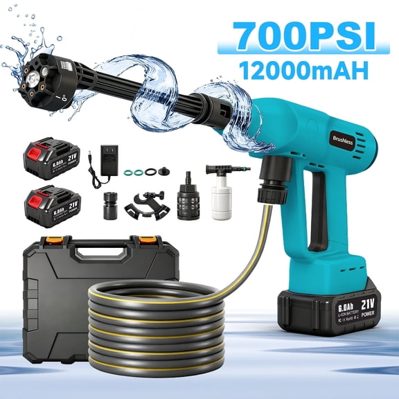 Cordless Pressure Washer, 700PSI Portable Power Washer with LED Display, 2.1GPMPower Cleaner with 6-in-1 Adjustable Nozzle,16.4ft Hose for Cars/Patios, Blue