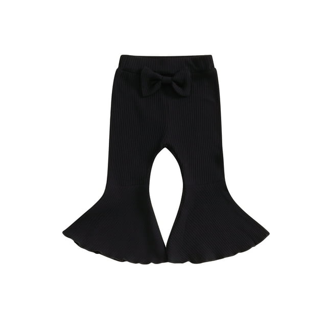 Kmbangi Kids Girl Flare Pants Solid Color Ribbed Elastic Bell Bottoms Trousers Bow Ruffle Pants for Toddler Baby