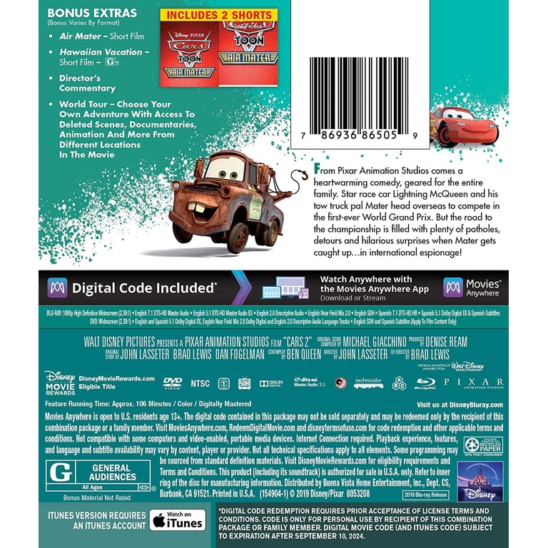 Disney Pixar Movie: Cars 2 (Blu-ray + DVD + Digital Copy), Kids