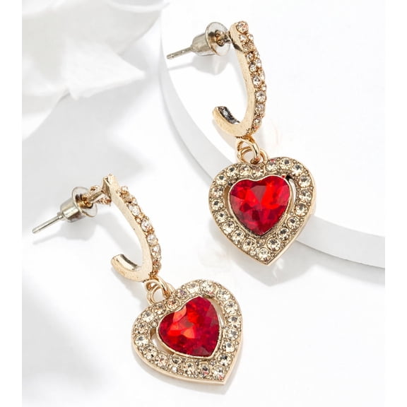Heart Drop Earrings for Women – Red Rhinestone Heart Dangle Earrings, Gold Tone Hoop Statement Jewelry