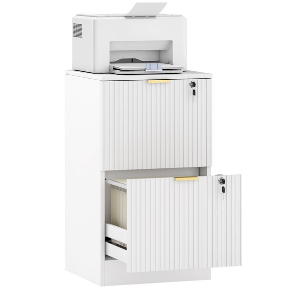 HOMCOM 2 Drawer File Cabinet Fluted Vertical Filing Cabinet with Lock White