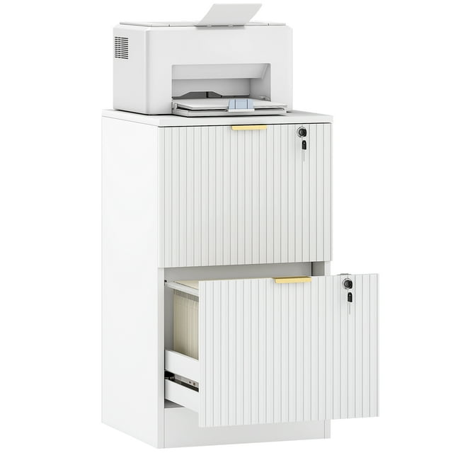 HOMCOM 2 Drawer File Cabinet Fluted Vertical Filing Cabinet with Lock White