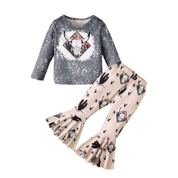 KIMI BEAR Toddler Baby Girls Pant Sets 3-4T Baby Girls Outifits Set Fall Long Sleeves Tops Flared Pants 2pcs Gray