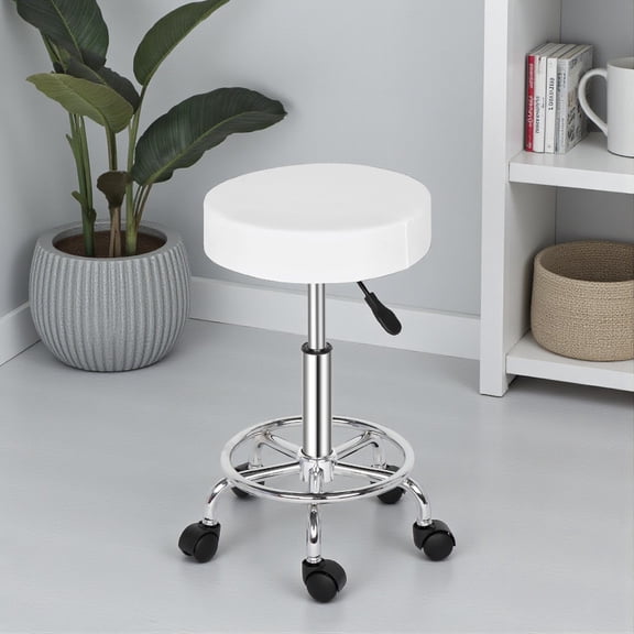 Tcbosik 13" Round Rolling Stool on Wheels, Height Adjustable Swivel Stool Chair for Home Spa Salon Massage (White, 19.69"-25.39")
