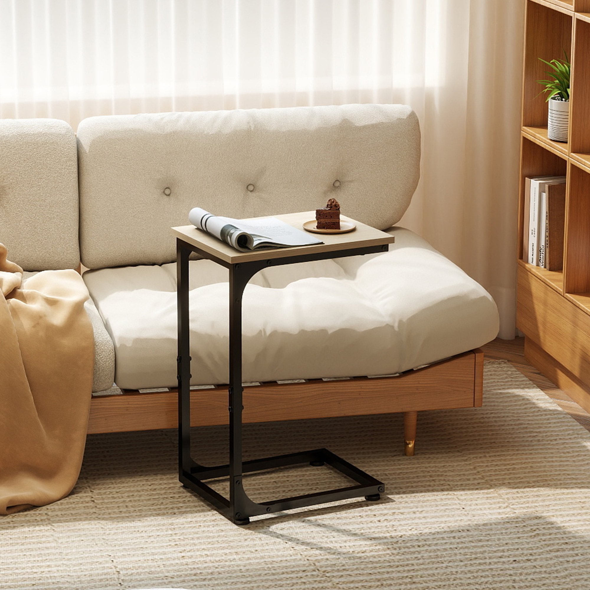Melocadol C-Shaped End Table, C Shaped Under Couch Slider, Small Side Tables with Metal Frame, Adjustable Feet, for Living Room, Bedside, Sofa, TV Dinner, Recliner, Light Brown