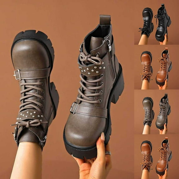 Womens Boots Thick-Soled Chunky Low Heel Round Toe Lace-Up Ankle Boots Women's Fashion Casual Versatile Comfortable Booties Fall Winter Warm Shoes Black 6.5