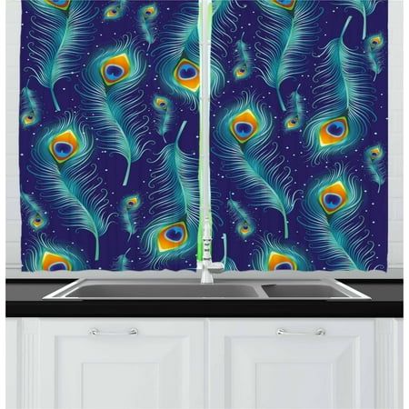 Navy And Orange Living Room Peacock Curtains 2 Panels Set, Graphic Peacock Bird Feathers Artistic Background Designed Image, Window Drapes for Living Room Bedroom, 55W X 39L Inches, Navy Blue Aqua and Orange, by Ambesonne ()