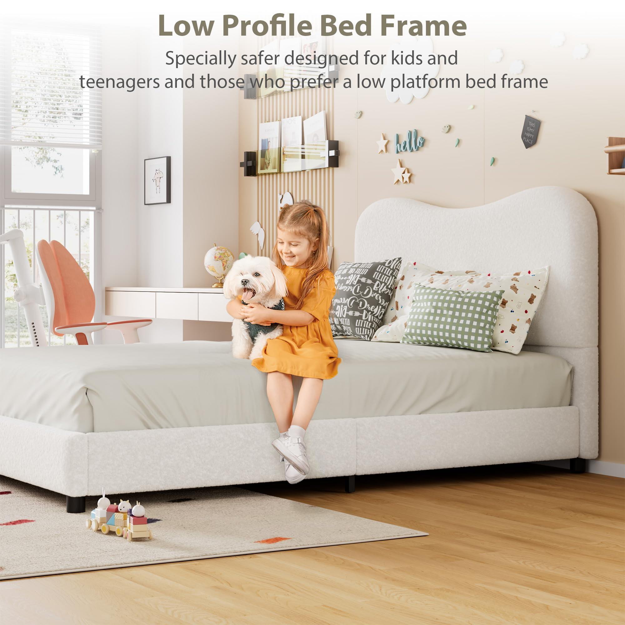 Twin/Full/Queen Size Velvet Upholstered Bed Frame with Boucle Headboard, Soft Rounded Corners Platform Bed with Low Profile Sturdy, Heavy Duty, Wooden Slats, Noise Free, Easy Assembly