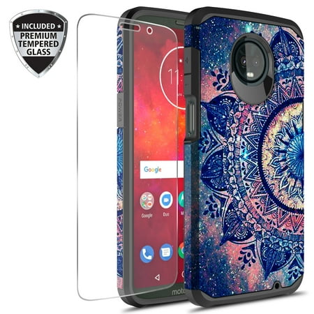 Moto Z3 Play Case With Tempered Glass Screen Protector, KAESAR Slim Hybrid Dual Layer Graphic Fashion Colorful Cover Armor Case for Motorola Moto Z Play 3rd Generation