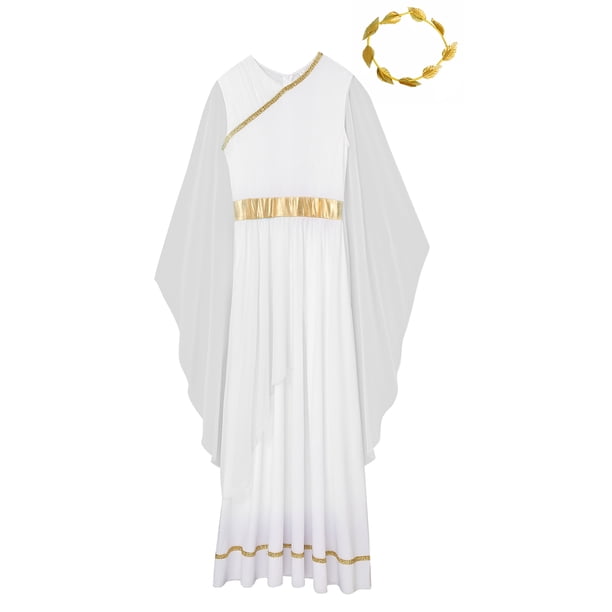 roman dress white and gold iiniim Women Chiffon Ancient Toga Costume Grecian Toga Dress with Leaves Garland Headwear S Prom Dresses for Teens