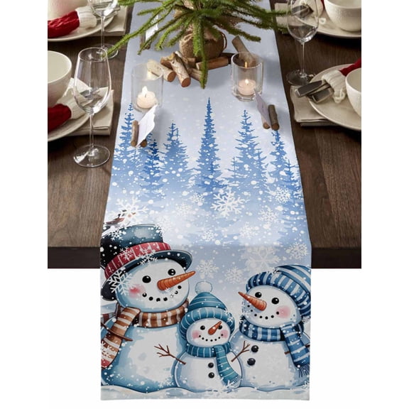 Christmas Snowman Cotton Linen Table Runner for Dining Kitchen, Xmas Winter Snowflakes Tree Forest Blue Wedding Outdoor Party Tablerunners Decoration, Dresser Scarf Coffee Tablecloth Runners 13"x36"