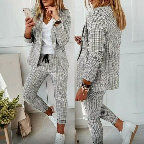 ZEHJUHAN Women's 2-Piece Suit Set Long Sleeve Blazer & Pants Plaid Office Wear with Pockets Drawstring Waist White,S