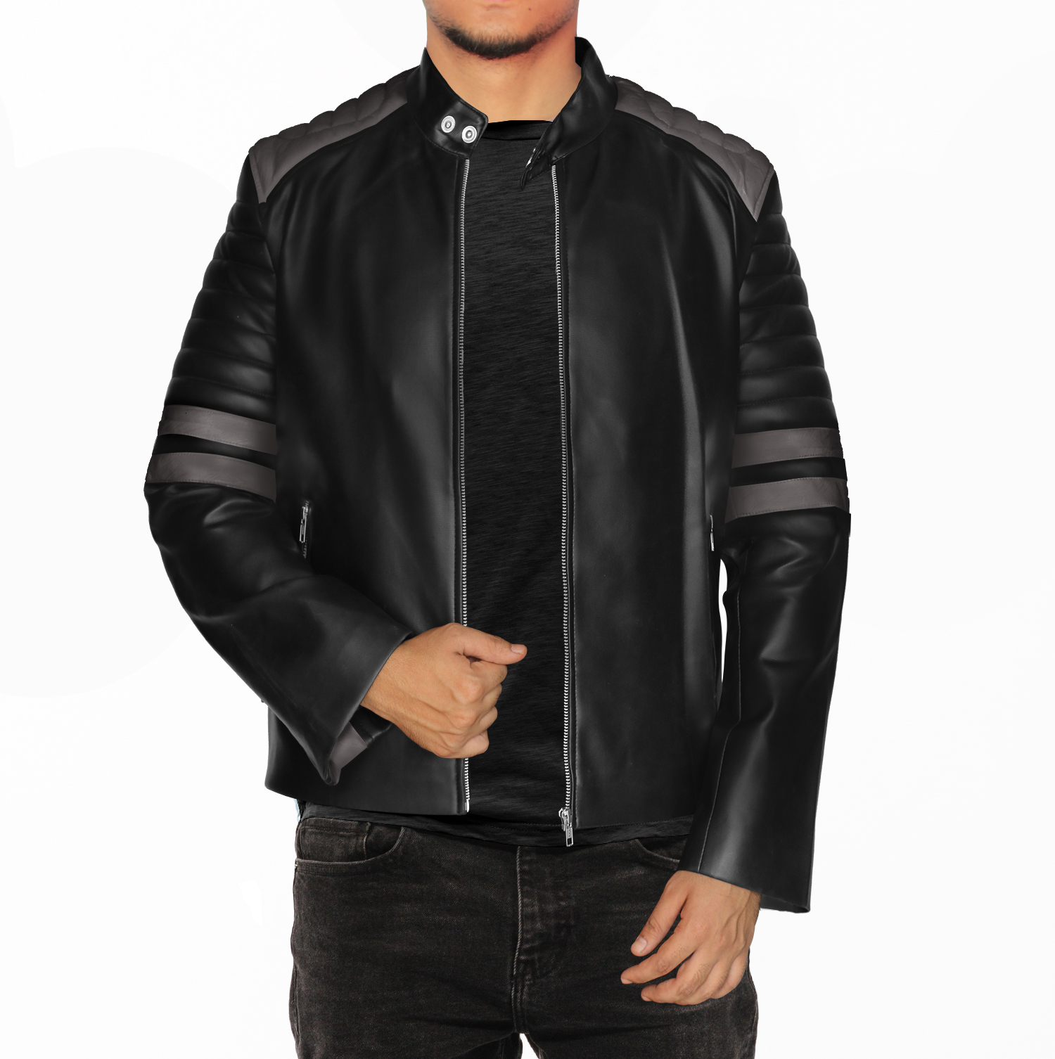 NomiLeather black leather jacket | mens leather jacket and genuine leather jacket men (Black With Grey Strip ) X-Small - image 2 of 7