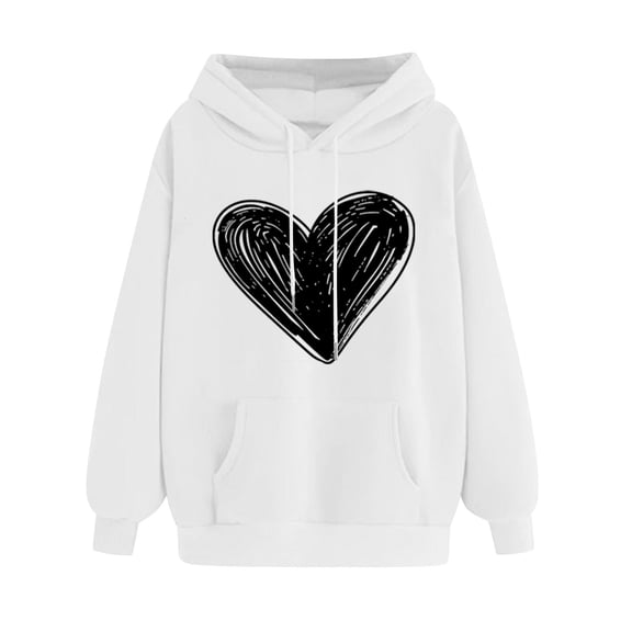 Htigea Women's Heart Graphic Sweatshirts Drawstring Pullover Hoodies with Pocket Casual Lonf Sleeve Loose Tops Fall Winter Clothes White S