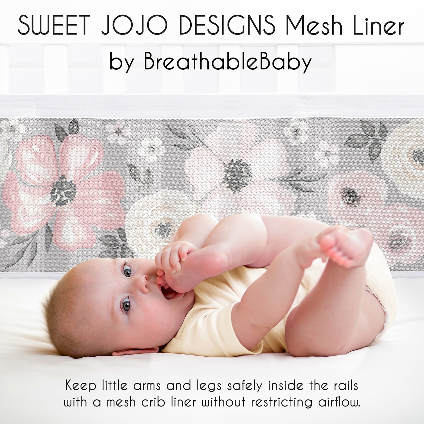 Sweet Jojo Designs + BreathableBaby Watercolor Floral Grey Girl Breathable Mesh Crib Liner