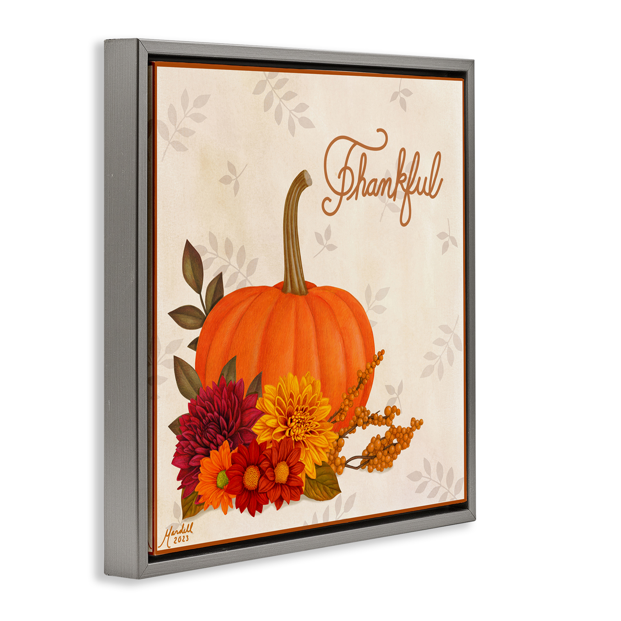Stupell Industries Thankful Pumpkin & Florals Holiday Painting Gray Floater Framed Canvas Art Prints Wall Art, 18 x 18