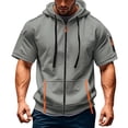 thumbnail image 3 of Men’s Short Sleeve Full-Zip Hoodie, Casual Athletic Hooded Sweatshirt with Contrast Trim & Pockets Light Gray XXXL, 3 of 5