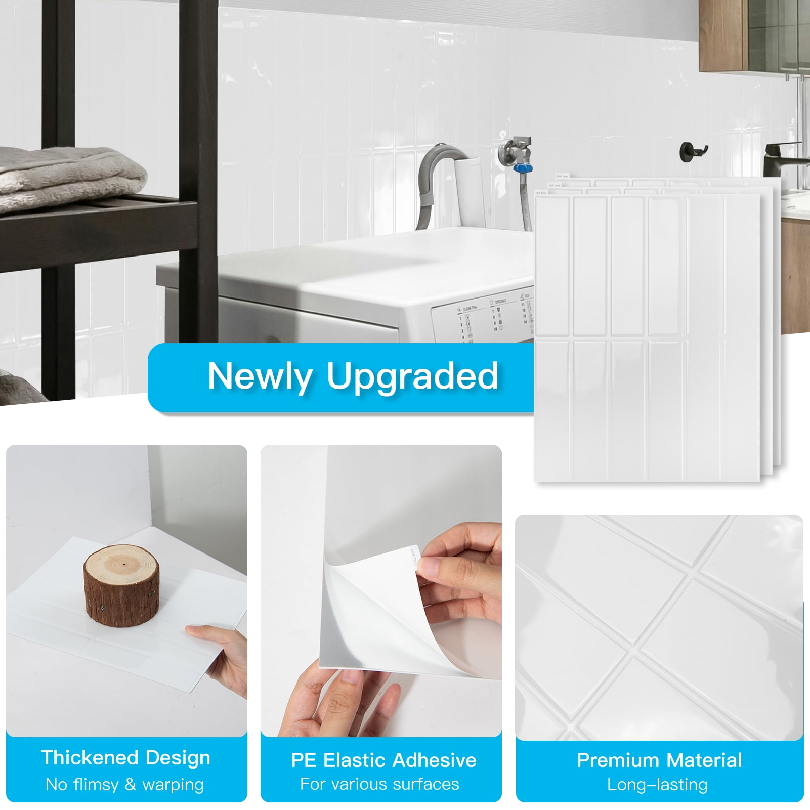 10Pcs Peel and Stick Backsplash Tile,11.4'' x 9'' Subway Tile,Self-Adhesive Wall Tiles for Kitche,Bathroom,RV,Thicker Design in White
