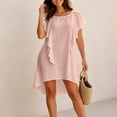 thumbnail image 2 of Women's Round Neck Ruffle Short Sleeve Mini Dress, Solid Loose Irregular High Low Hem Casual Swing Short Dress Pink XL(XL), 2 of 5
