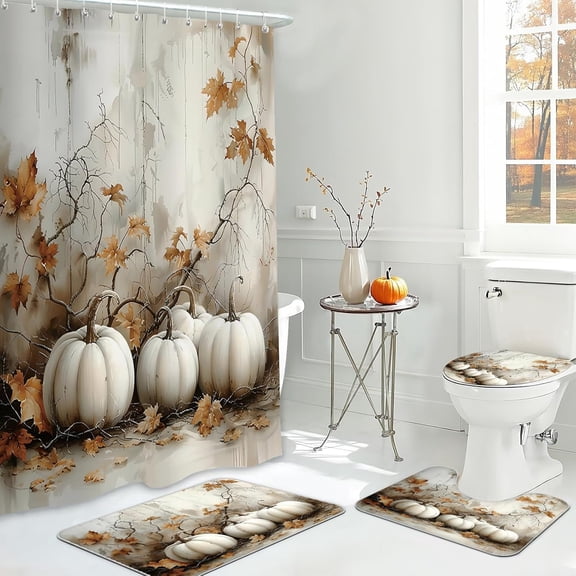 4pcs Vintage Pumpkin Shower Curtain Set, Fall Thanksgiving Harvest Vintage Decor, Retro Autumn Halloween Bathroom Accessories, Farmhouse Maple Leaves Bathroom Curtain Sets 72x72 Inch