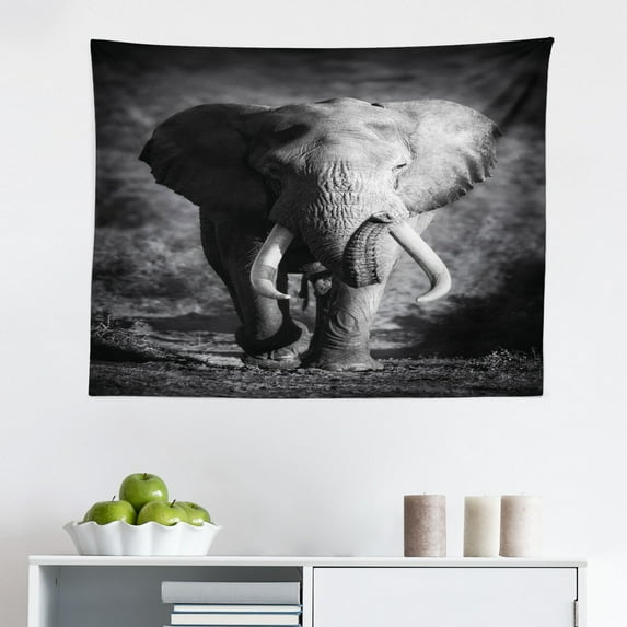 Animal Tapestry, Family Walking by The Grass Savannah Sky Landscape Safari, Fabric Wall Hanging Decor for Bedroom Living Room Dorm, 2 Sizes, Green Brown Blue, by Ambesonne