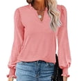 thumbnail image 2 of Blusa con volantes, manga abullonada, cuello en V, manga larga, color puro, tops de moda para mujer, 2 of 6
