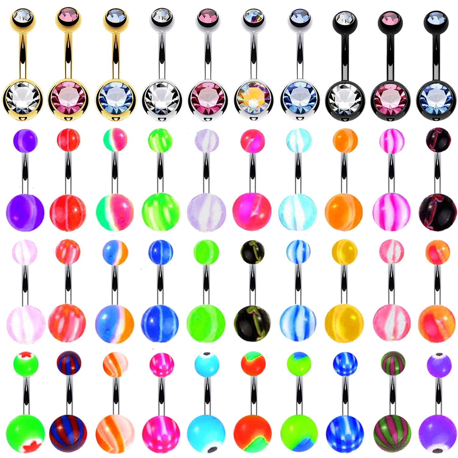 50pcs 14G Navel Ring Belly Bar Button Barbell Rainbow CZ Surgical Steel Shine 