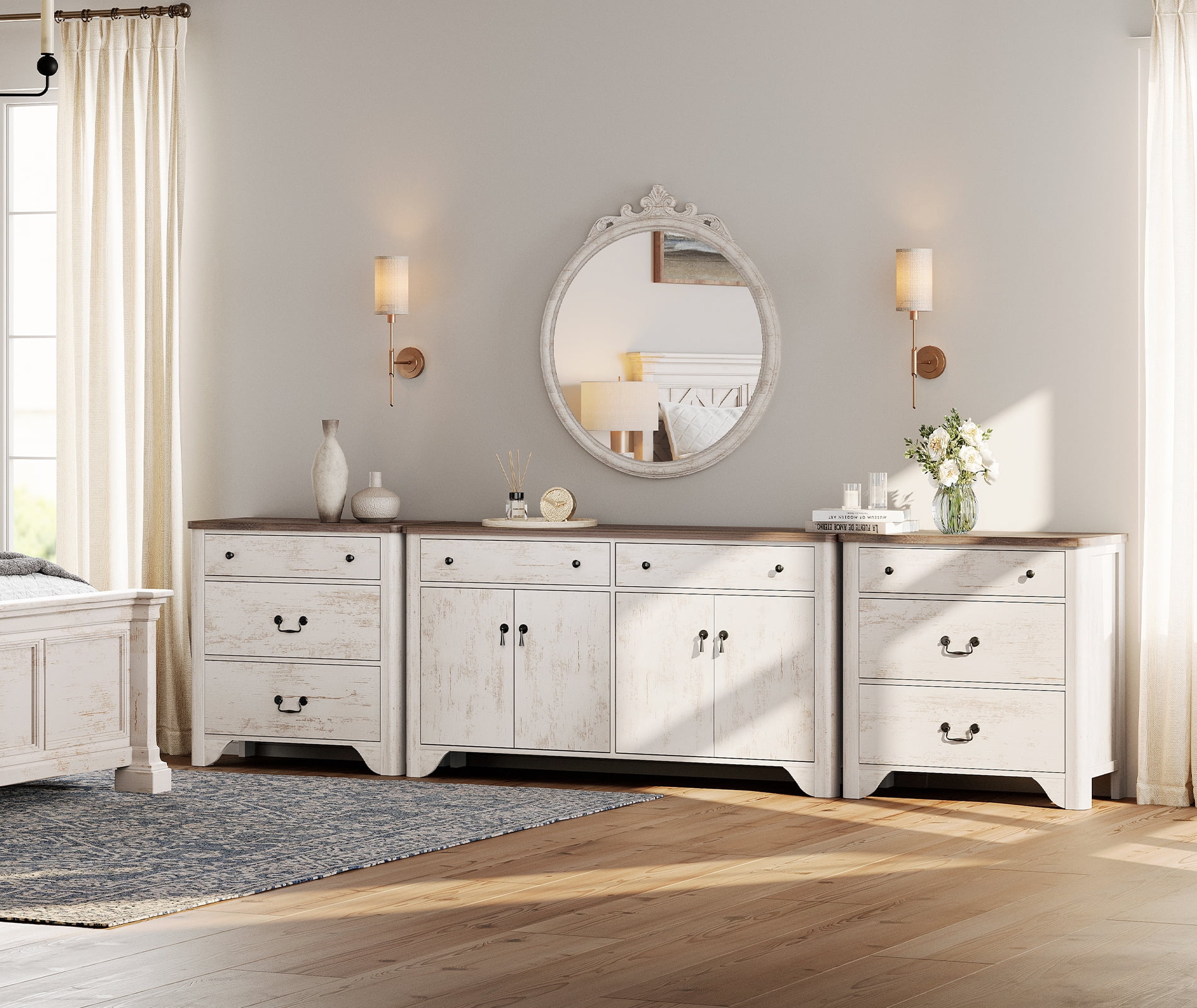 WAMPAT 59" Farmhouse Sideboard Buffet Cabinet with 3-Drawer Dresser Set of 2,Wood Coffee Bar Cabinet with Storage for Bedroom,Kitchen,Entryway,Hallway,and Living Room,White