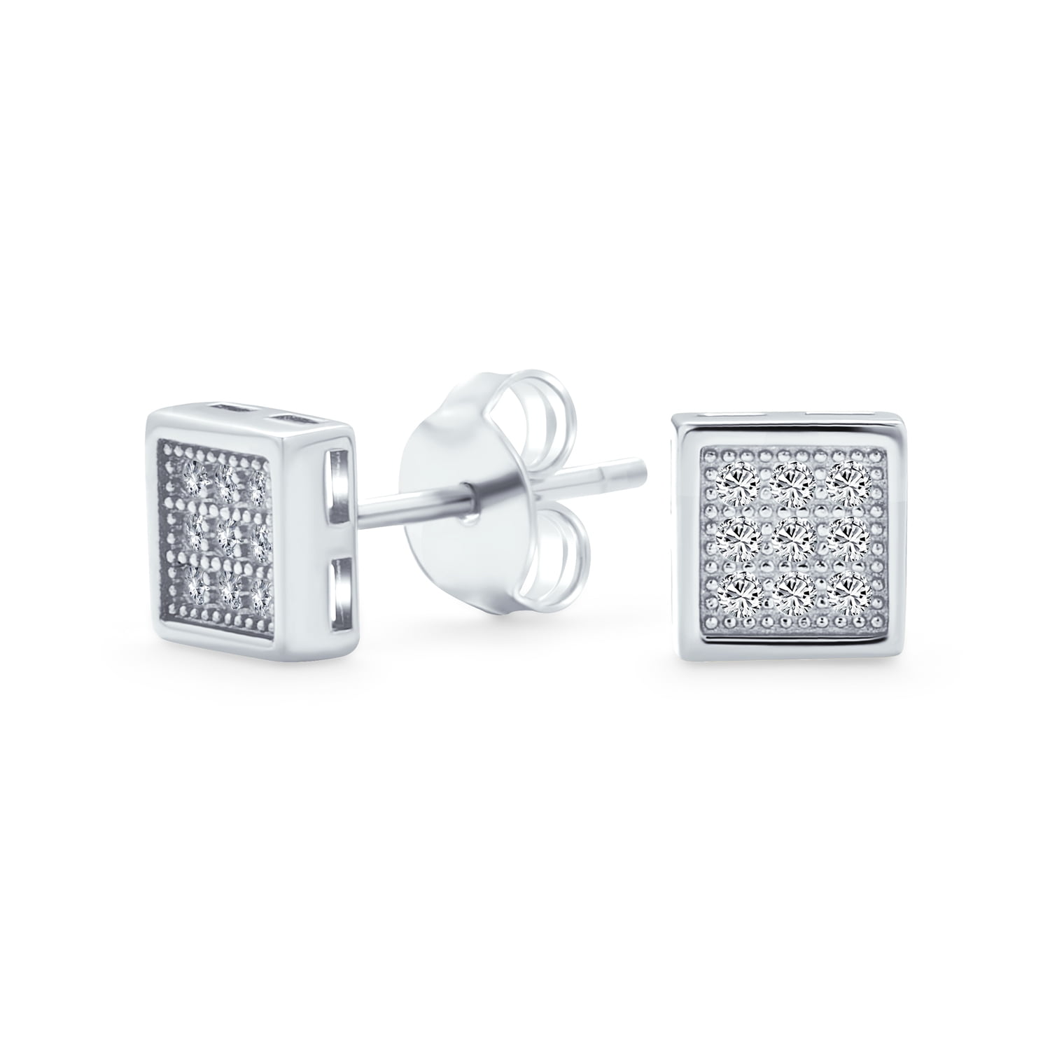 .925 Sterling Silver White Square White Crystal Micro Pave Unisex Mens Stud Earrings