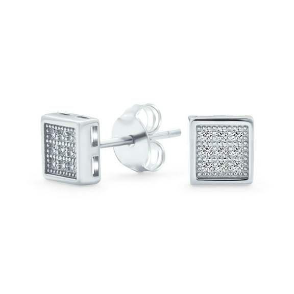 Bling Jewelry Mens Hip Hop Square CZ Stud Earrings for Men, Sterling Silver, 5-7 MM