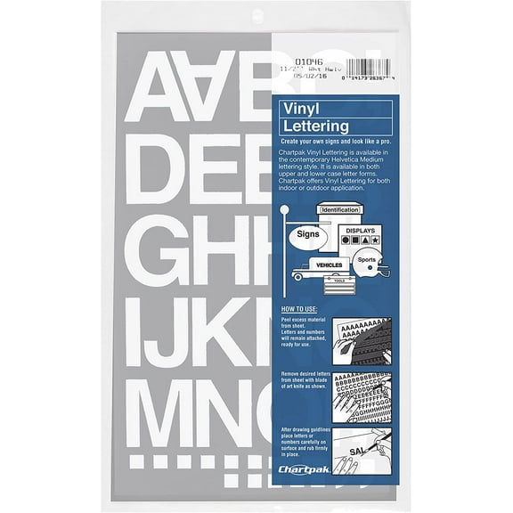 Chartpak 1-1/2" H Self-Adhesive Vinyl Capital Letters & Numbers, White, 45/pk