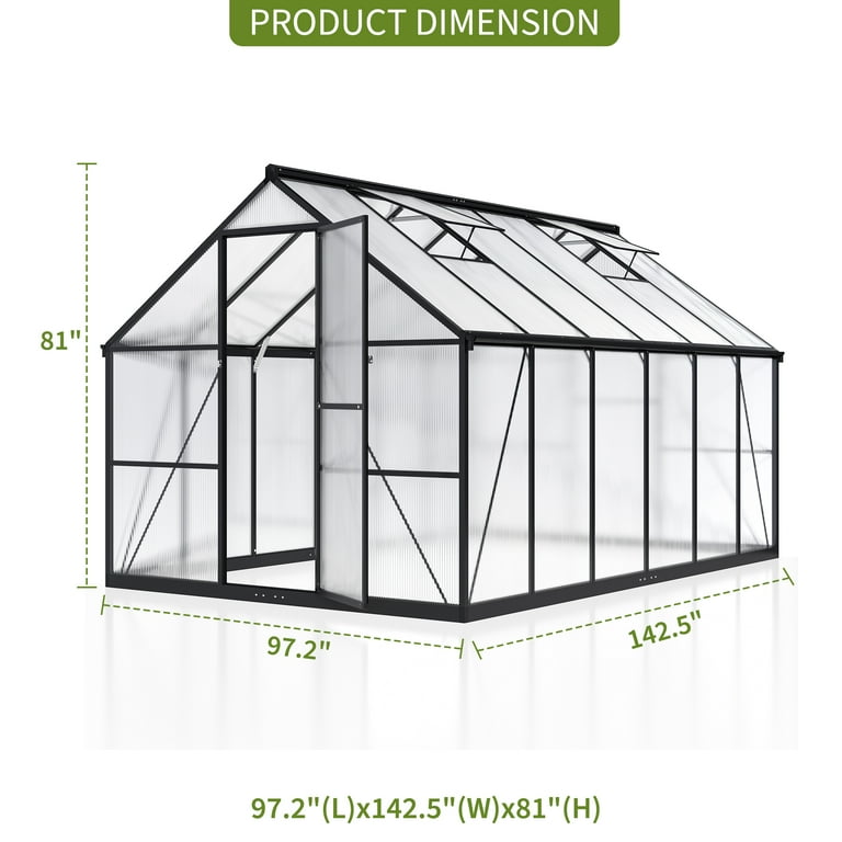 NETAJE 12'x8' Outdoor Greenhouse, Walk-in Polycarbonate