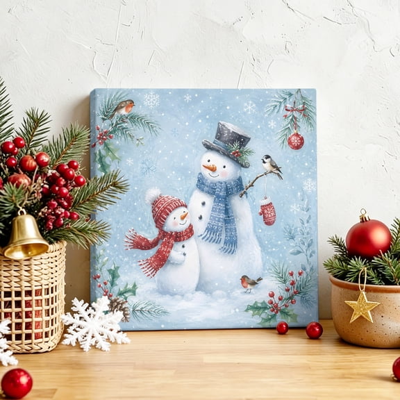 Winter Christmas Snowman Canvas Artwork Painting Art, Blue Red Scarf Snowmen Square Framed Wall Decorations Prints Picture for Bedroom Kitchen Living Room, 12x12 in