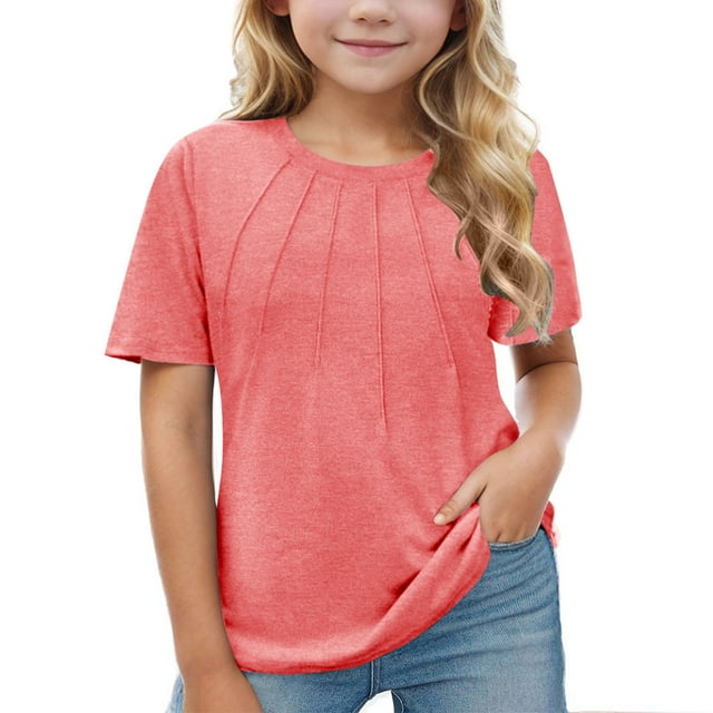Plebaso Hauts Plissés à Manches Courtes pour Filles, T-Shirts Décontractés à Col Rond, chandail-Over Uni, Blouses d'Été