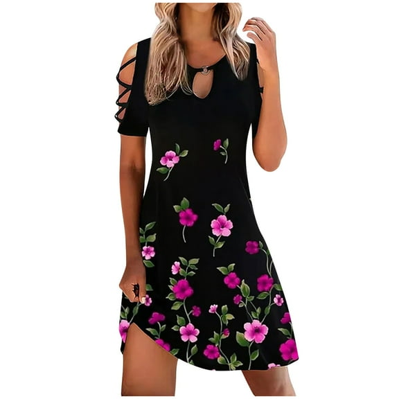 USSUMA Dresses For Women Party Casual,Women's Summer Cold Shoulder Knee-Length Dress Floral Hollow Out Short Sleeve Beach Dress Casual Loose Sundress