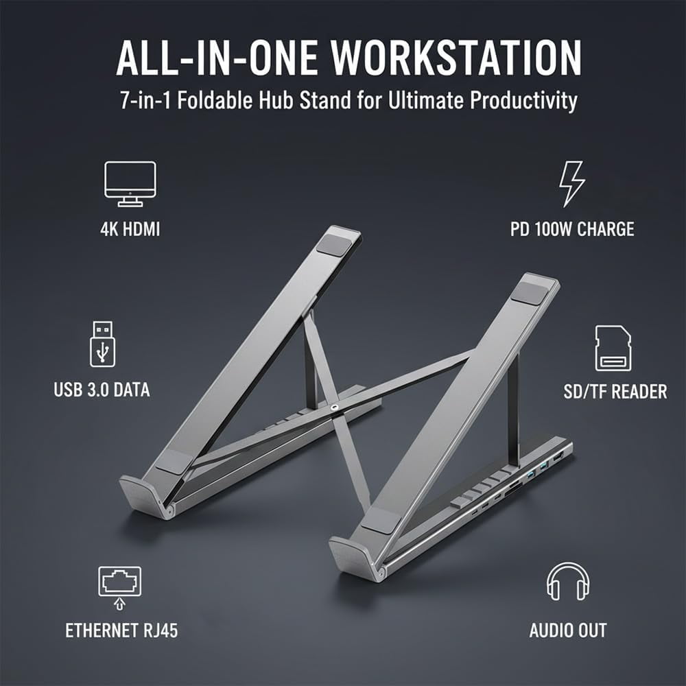8-in-1 Tablet Docking Station Stand Ergonomic Laptop Stand with 4K TF USB 3.0 USB-C PD 100W Fast Charging Aluminum Alloy Silver Portable Lightweight Adjustable(xxw)