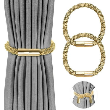 VEGCOO 2 Pack Strong Magnetic Curtain Tiebacks Modern Simple Style Drape Tie Backs Convenient Decorative Weave Rope Curtain Holdbacks for Thin or Thick Home & Office Window Draperies (Gold)
