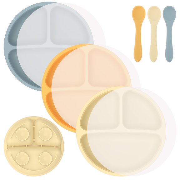 Evjurcn 9Pcs Silicone Kids Plates, Toddler Divided Suction Plates with Lids Spoons, Non-Slip Anti Scald Silicone Compartment Plates, Dishwasher and Microwave Safe