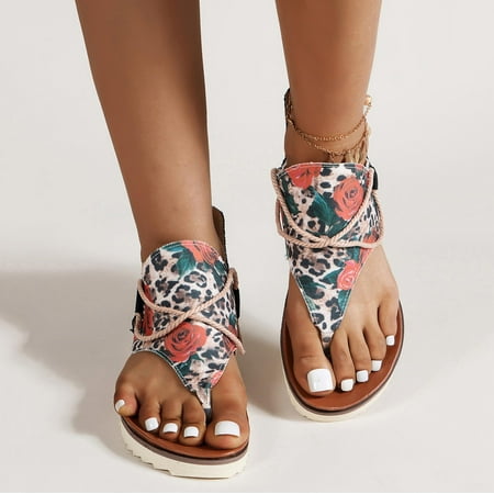 

LoyisViDion Clearance Sandals for Women Ladies Flat Thongs Plus Size Rose Print Sandals Flash Picks Red 5.5